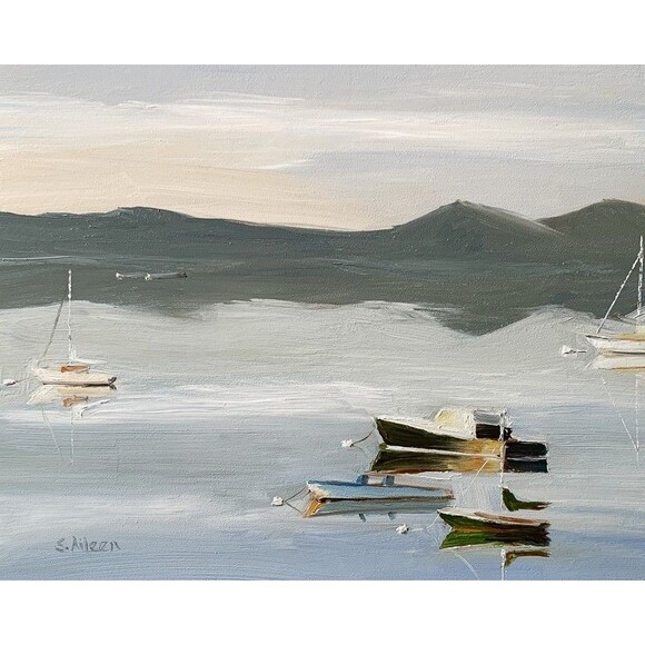 Other - Original Oil Landscape Painting Coastal Harbor Sailboats Wall Art Signed 8x10"